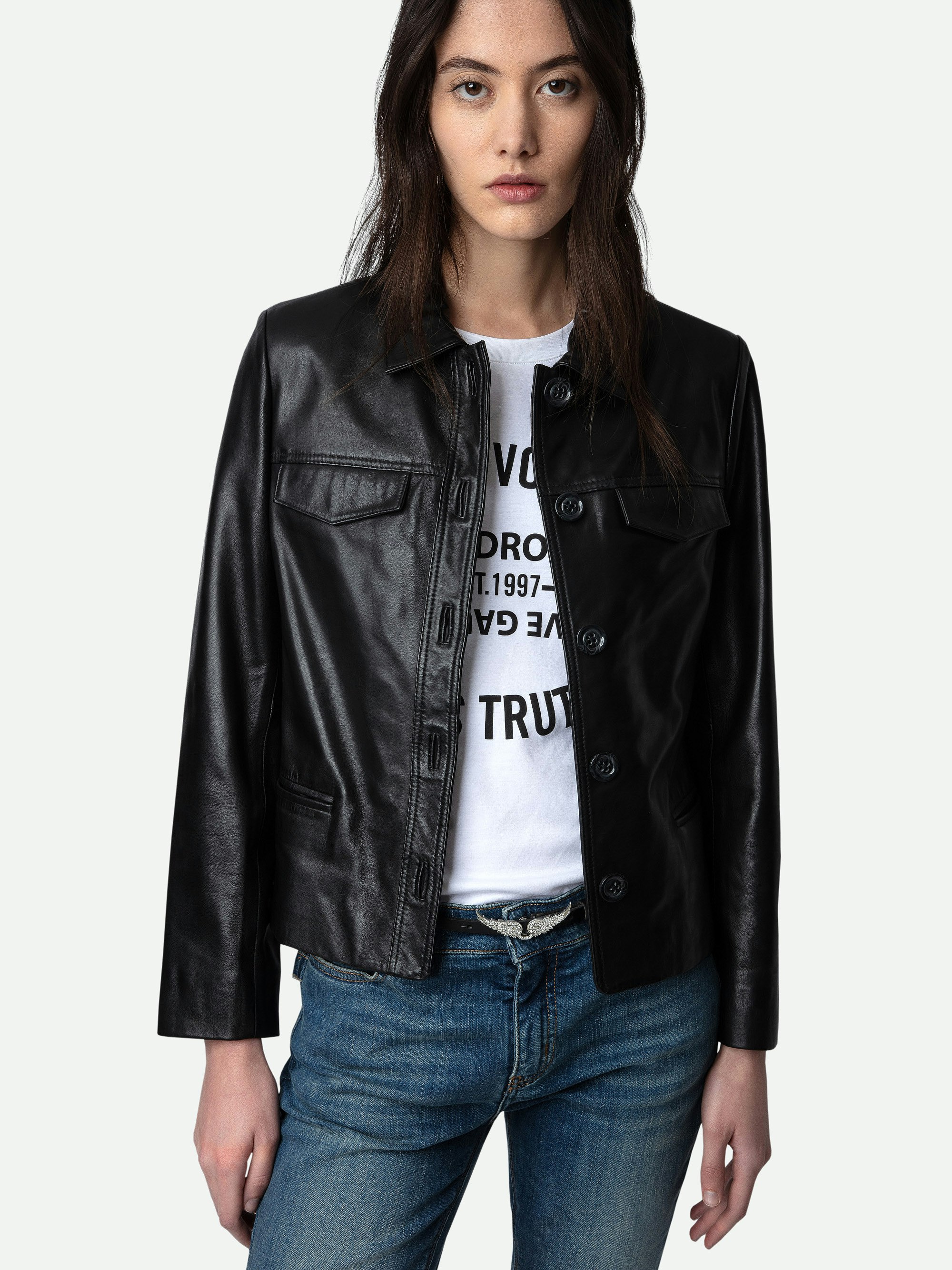 Liam Leather Jacket - Lambskin button-up jacket.