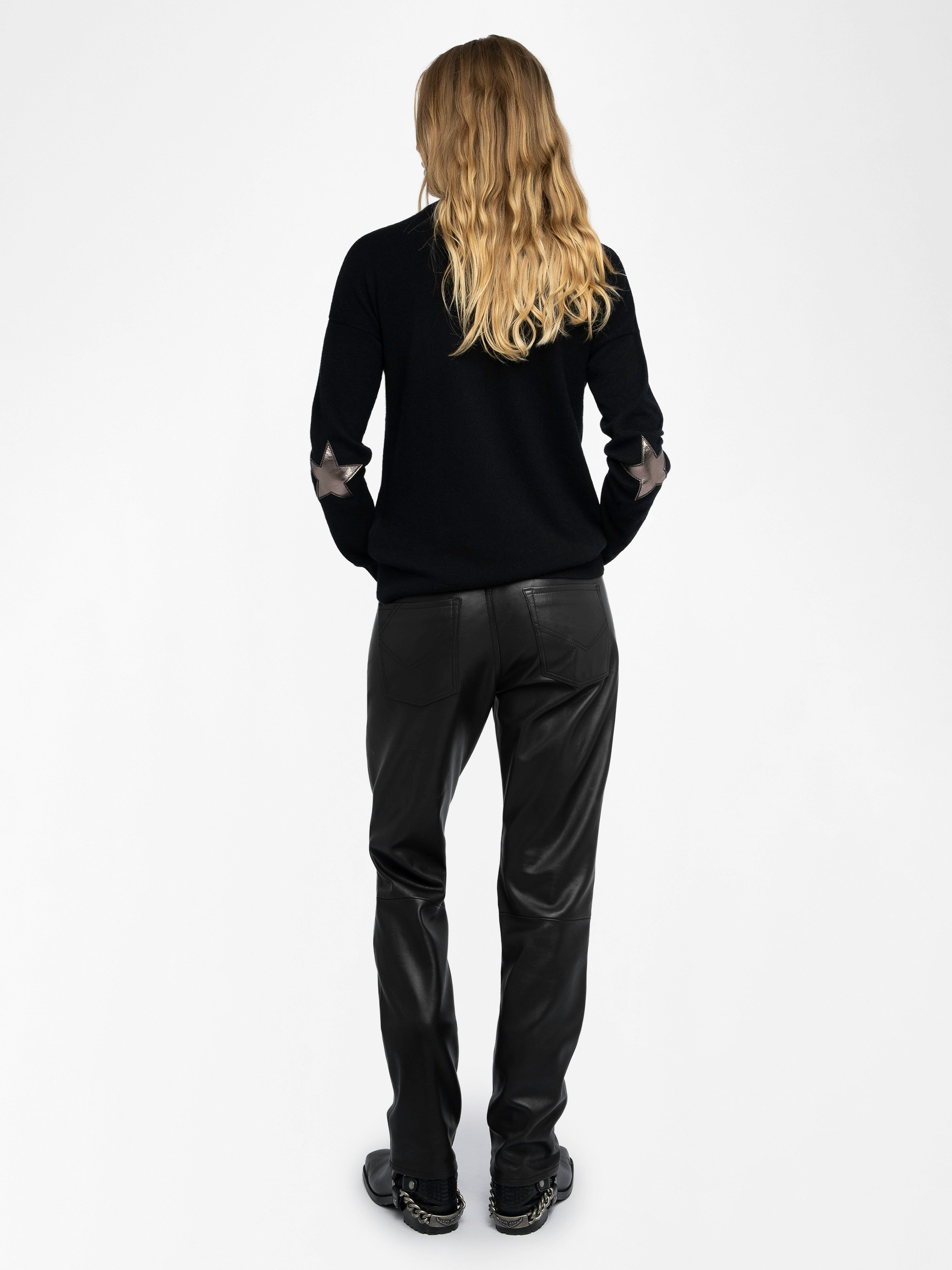 Cici Patch Cashmere Sweater - Wrap yourself in luxurious comfort with the Cici Patch Cashmere Sweater, a timeless essential with a modern twist. Made from 100% cashmere, this women’s elbow patch sweater features eye-catching silver-colored leather star patches for a unique, edgy touch. A ribbed neckline, cuffs, and waist enhance the fit, while delicate pointelle ZV signature detailing adds refined elegance. Soft, stylish, and effortlessly chic, this sweater is a must-have for any wardrobe.