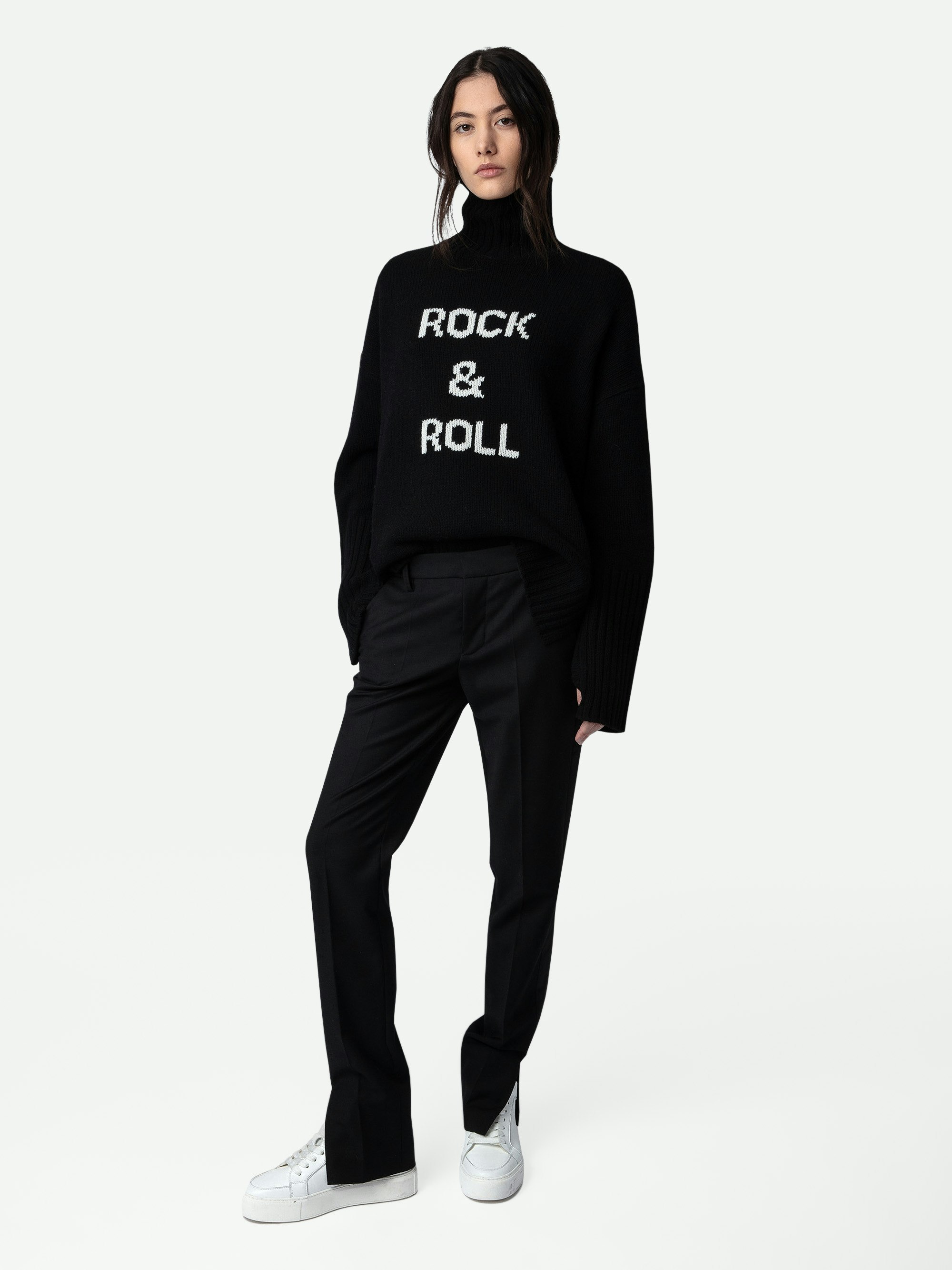 Pullover Alma Rock & Roll 100% Wolle - Schwarzer Damen-Rollkragenpullover mit Schriftzug