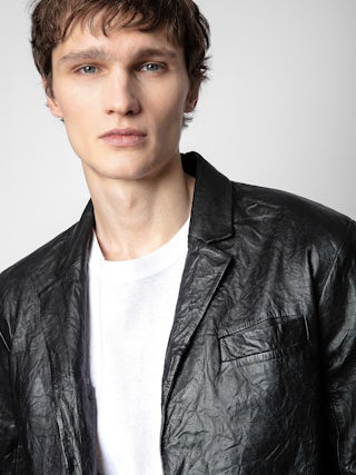 Valfried Crinkled Leather Blazer - Unisex black tailored jacket in crinkled leather.