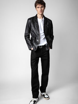 Valfried Crinkled Leather Blazer - Unisex black tailored jacket in crinkled leather.