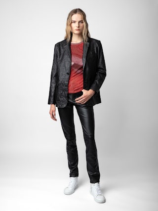 Valfried Crinkled Leather Blazer - Unisex black tailored jacket in crinkled leather.