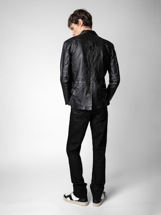 Valfried Crinkled Leather Blazer - Unisex black tailored jacket in crinkled leather.