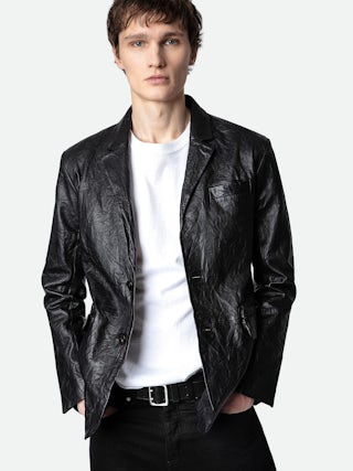 Valfried Crinkled Leather Blazer - Unisex black tailored jacket in crinkled leather.