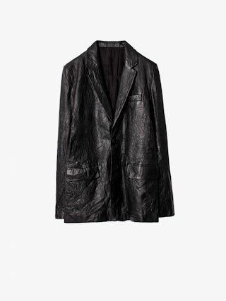 Valfried Crinkled Leather Blazer - Unisex black tailored jacket in crinkled leather.