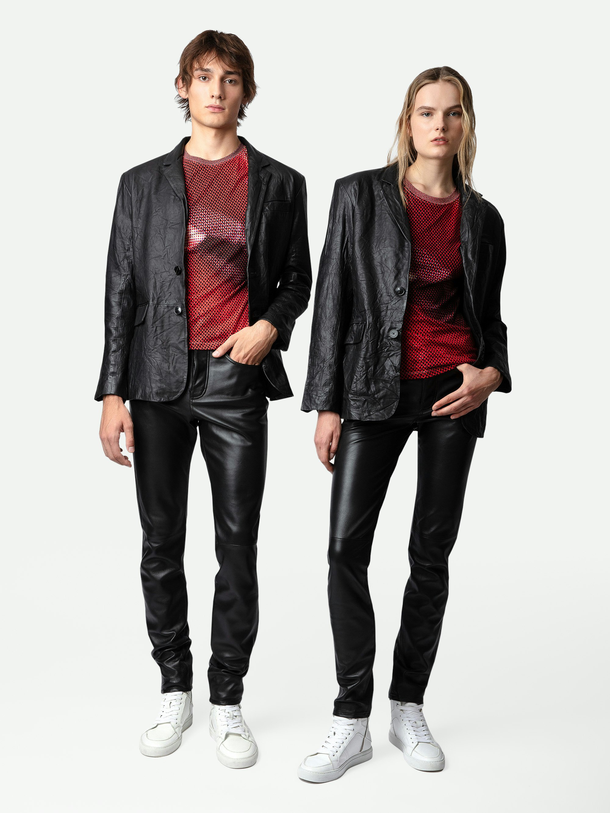 Valfried Crinkle Leather Blazer - Unisex’s black tailored jacket in crinkle leather.