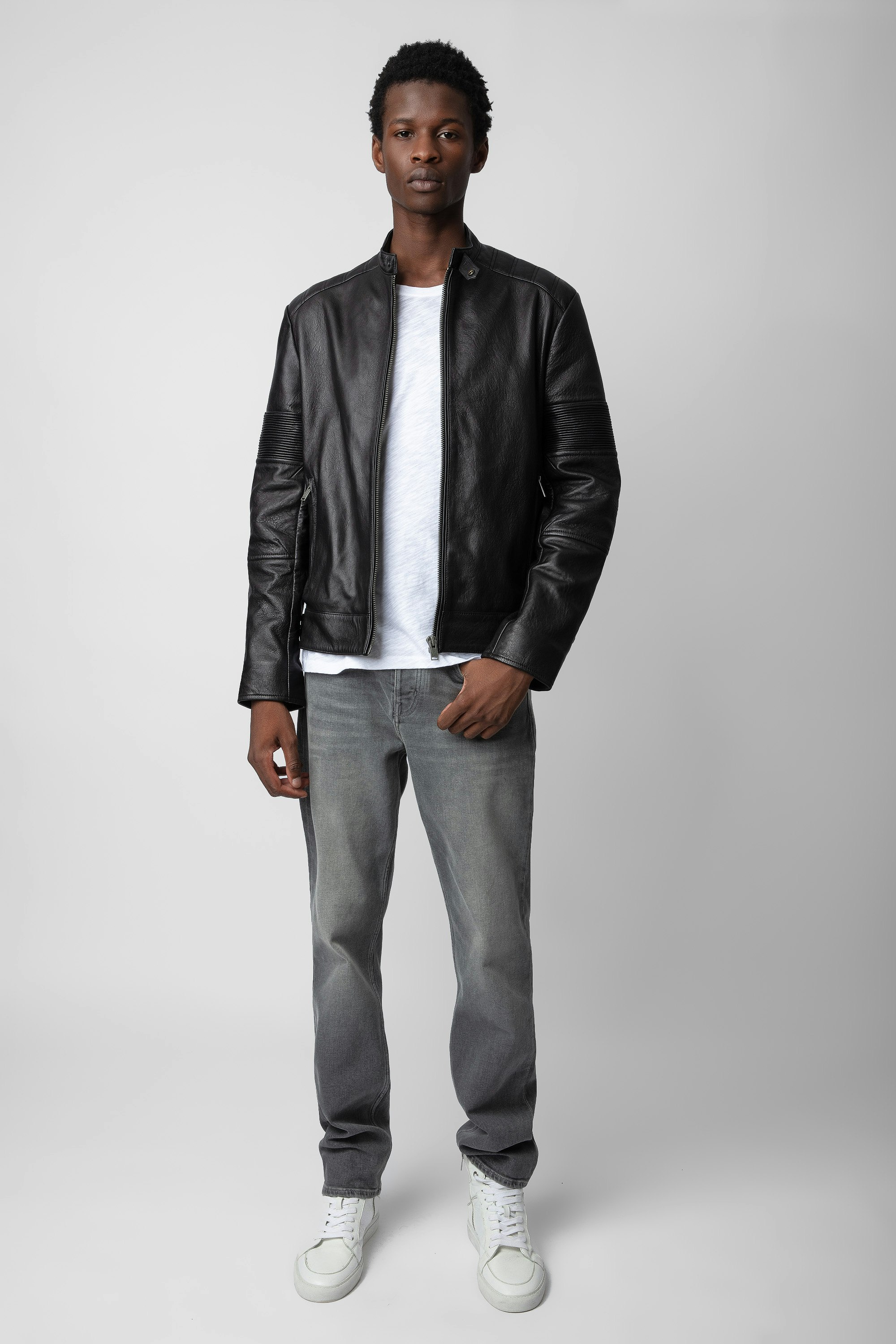 Lean Leather Jacket - Unisex anthracite leather biker jacket.