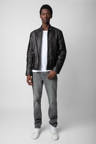 Blouson Lean Cuir - Blouson biker en cuir anthracite unisexe.