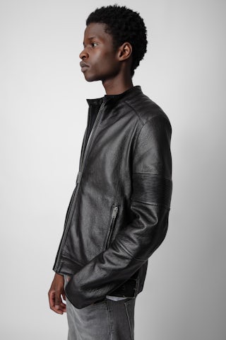Blouson Lean Cuir - Blouson biker en cuir anthracite unisexe.