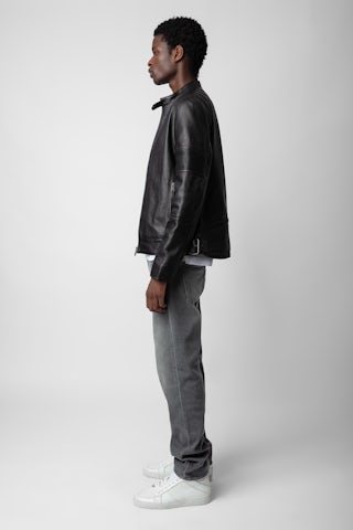 Blouson Lean Cuir - Blouson biker en cuir anthracite unisexe.