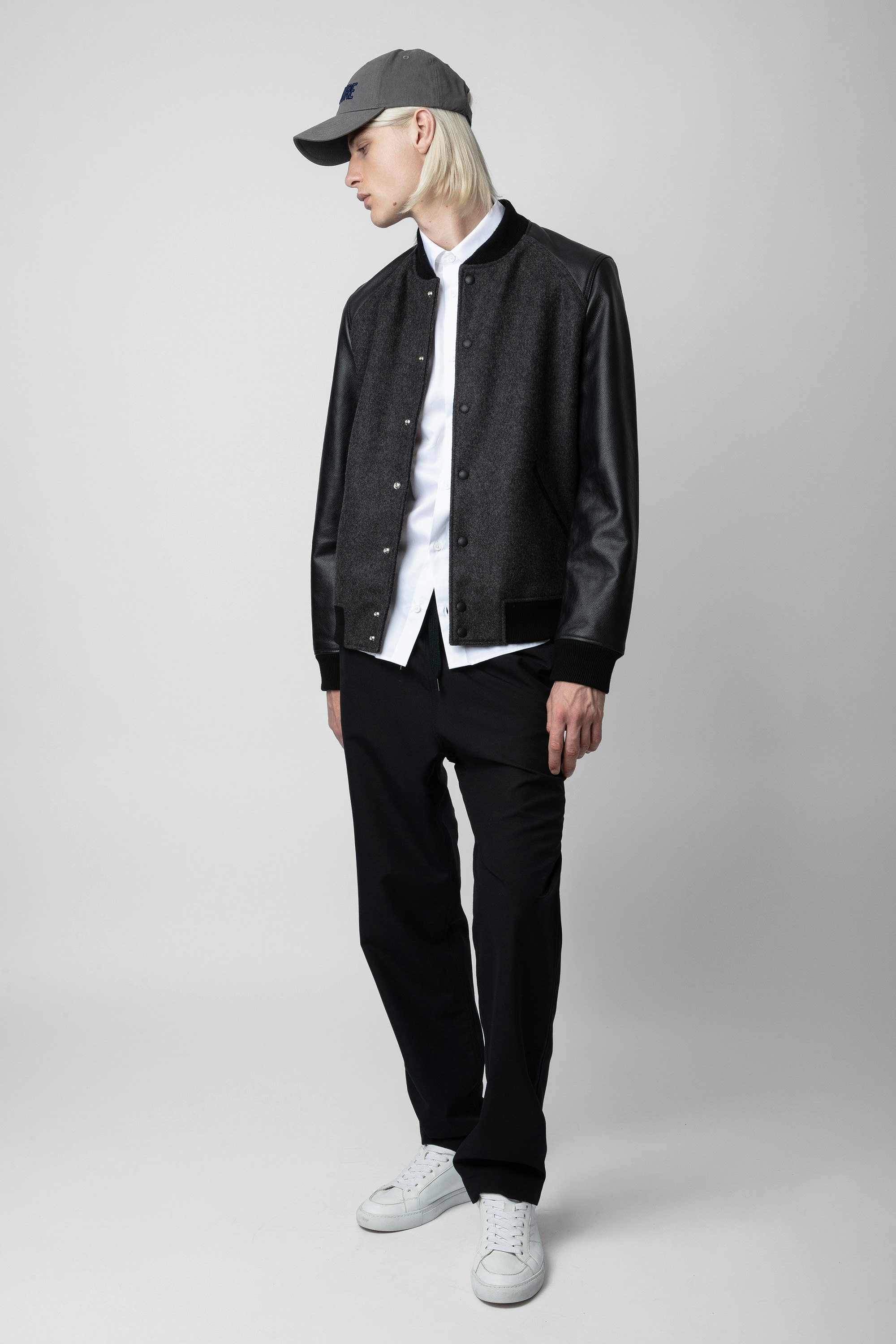 Birdeh Jacket - Men’s anthracite grey leather and wool jacket with “Voltaire” patch on the back.