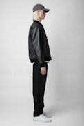 Birdeh Jacket - Men’s anthracite grey leather and wool jacket with “Voltaire” patch on the back.