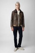 Mate Leather Jacket - Unisex’s brown leather jacket with textured collar.