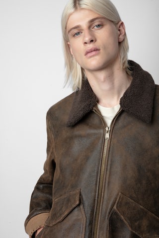 Blouson Mate Cuir - Blouson en cuir effet vintage marron à col fausse fourrure unisexe.