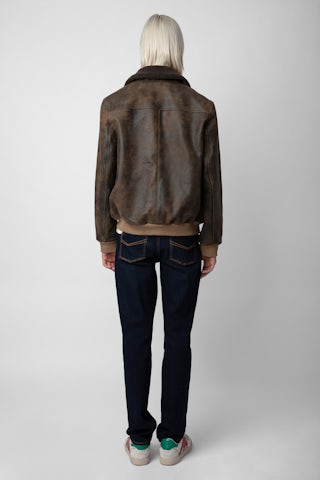 Blouson Mate Cuir - Blouson en cuir effet vintage marron à col fausse fourrure unisexe.