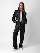 Lasso Crinkled Leather Jacket - Straight-cut black crinkled leather jacket with long sleeves and zip fastening.