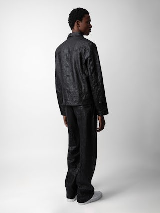 Blouson Lasso Cuir Froissé - Blouson droit en cuir froissé noir à manches longues et fermeture zippée.