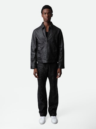 Blouson Lasso Cuir Froissé - Blouson droit en cuir froissé noir à manches longues et fermeture zippée.