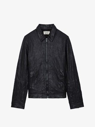 Blouson Lasso Cuir Froissé - Blouson droit en cuir froissé noir à manches longues et fermeture zippée.
