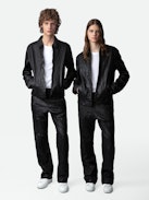 Lasso Crinkled Leather Jacket - Straight-cut black crinkled leather jacket with long sleeves and zip fastening.