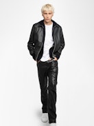 Mate Leather Jacket - Black leather and nylon reversible jacket with pockets and badge on the back.