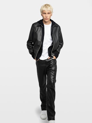 Mate Leather Jacket - Reversible zip-up jacket in leather and nylon, long sleeves, rubber "studio homme" badge on the back.