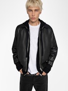Mate Leather Jacket - Black leather and nylon reversible jacket with pockets and badge on the back.