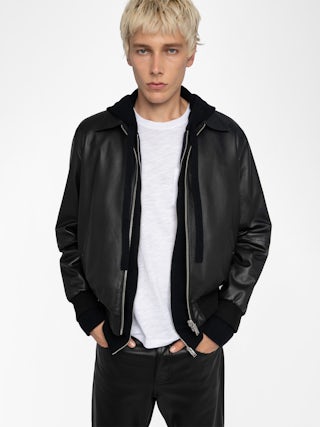 Mate Leather Jacket - Reversible zip-up jacket in leather and nylon, long sleeves, rubber "studio homme" badge on the back.