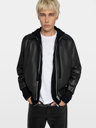 Mate Leather Jacket - Reversible zip-up jacket in leather and nylon, long sleeves, rubber "studio homme" badge on the back.