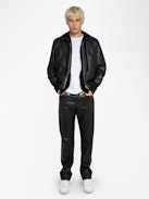 Mate Leather Jacket - Black leather and nylon reversible jacket with pockets and badge on the back.