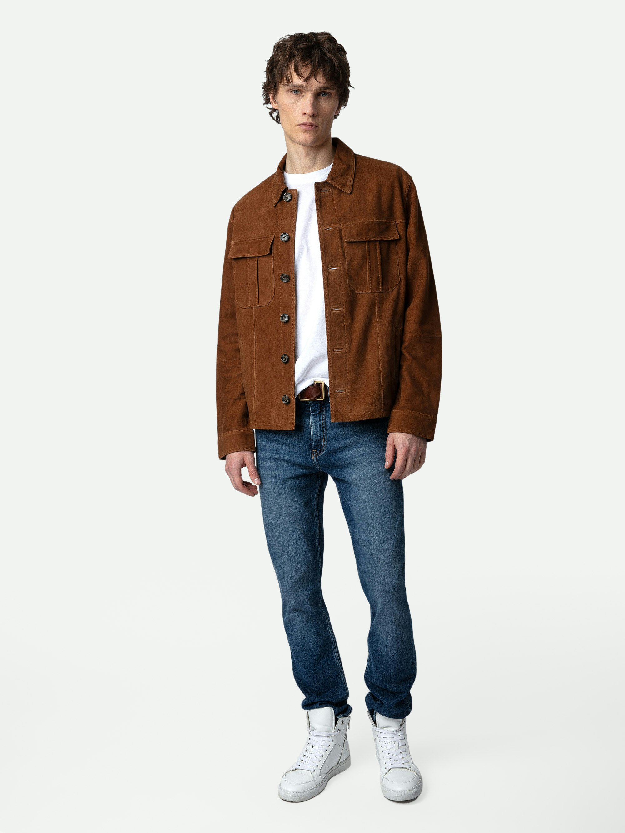 Kuba Suede Jacket - Cognac suede jacket with button closure and pockets.