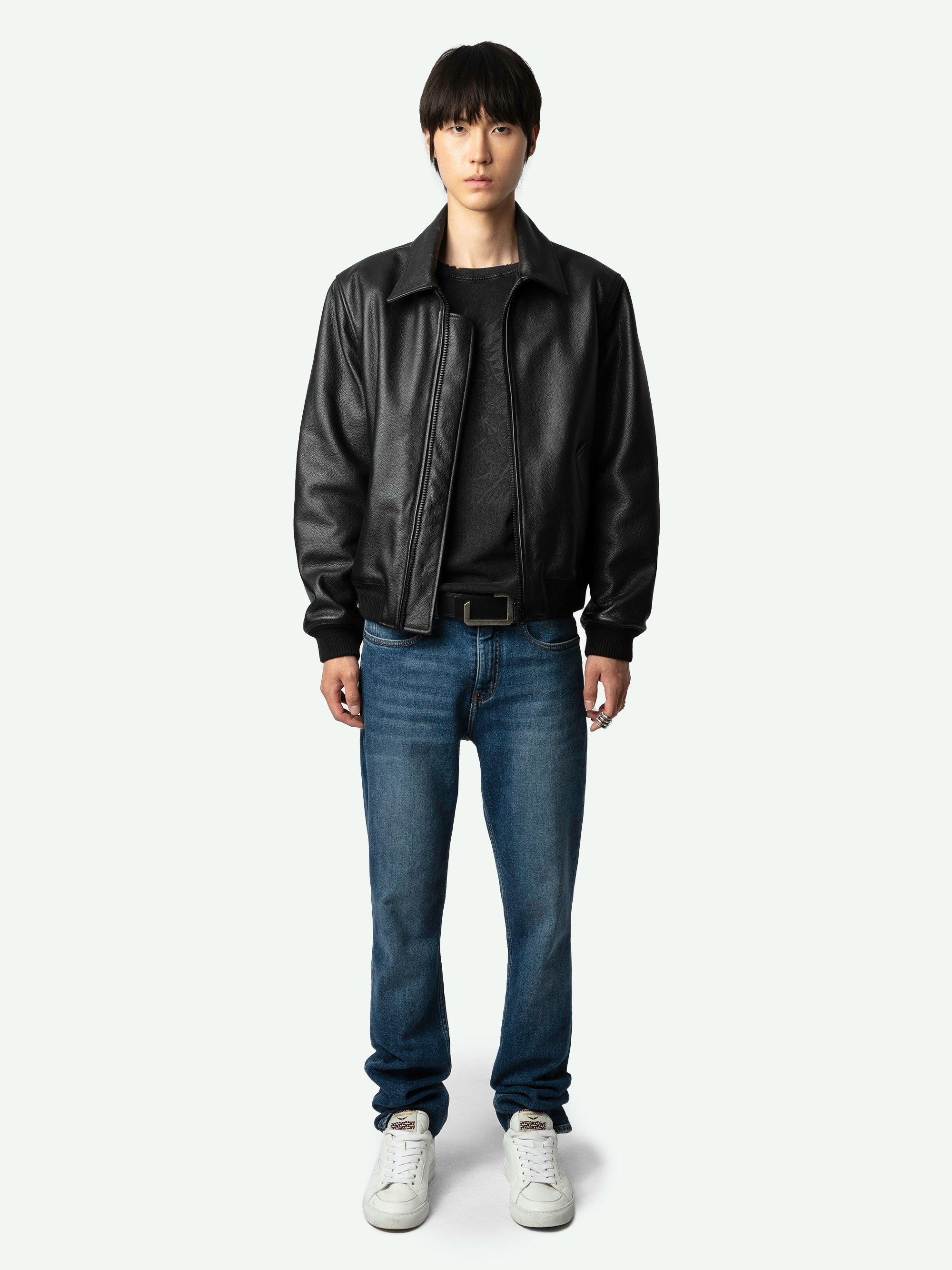 Blouson Mate Cuir - Blouson bomber zippé en cuir grainé noir.