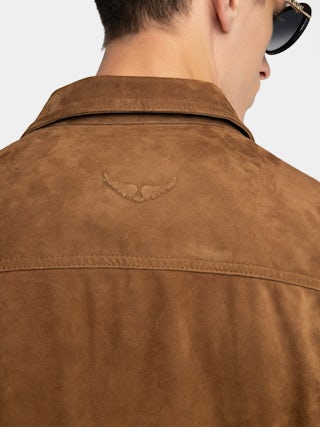 Bases Suede Leather Jacket - Suede jacket with embossed wings on the back, long sleeves and button closure.