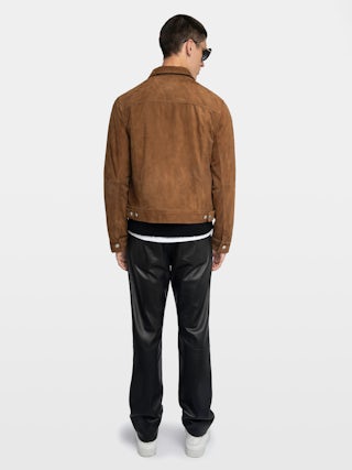 Bases Suede Leather Jacket - Suede jacket with embossed wings on the back, long sleeves and button closure.