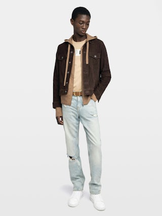 Bases Suede Leather Jacket - Suede jacket with embossed wings at the back, long sleeves and button fastening.