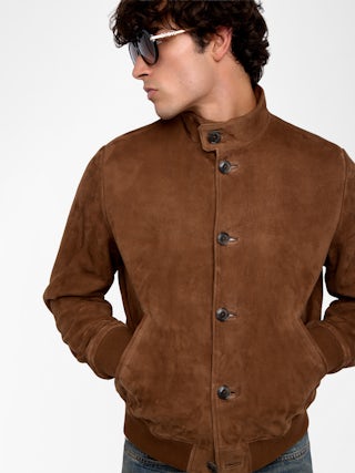 Lonni Suede Leather Jacket - Suede leather jacket with stand-up collar, button fastening and long sleeves.
