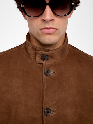 Lonni Suede Leather Jacket - Suede leather jacket with stand-up collar, button fastening and long sleeves.