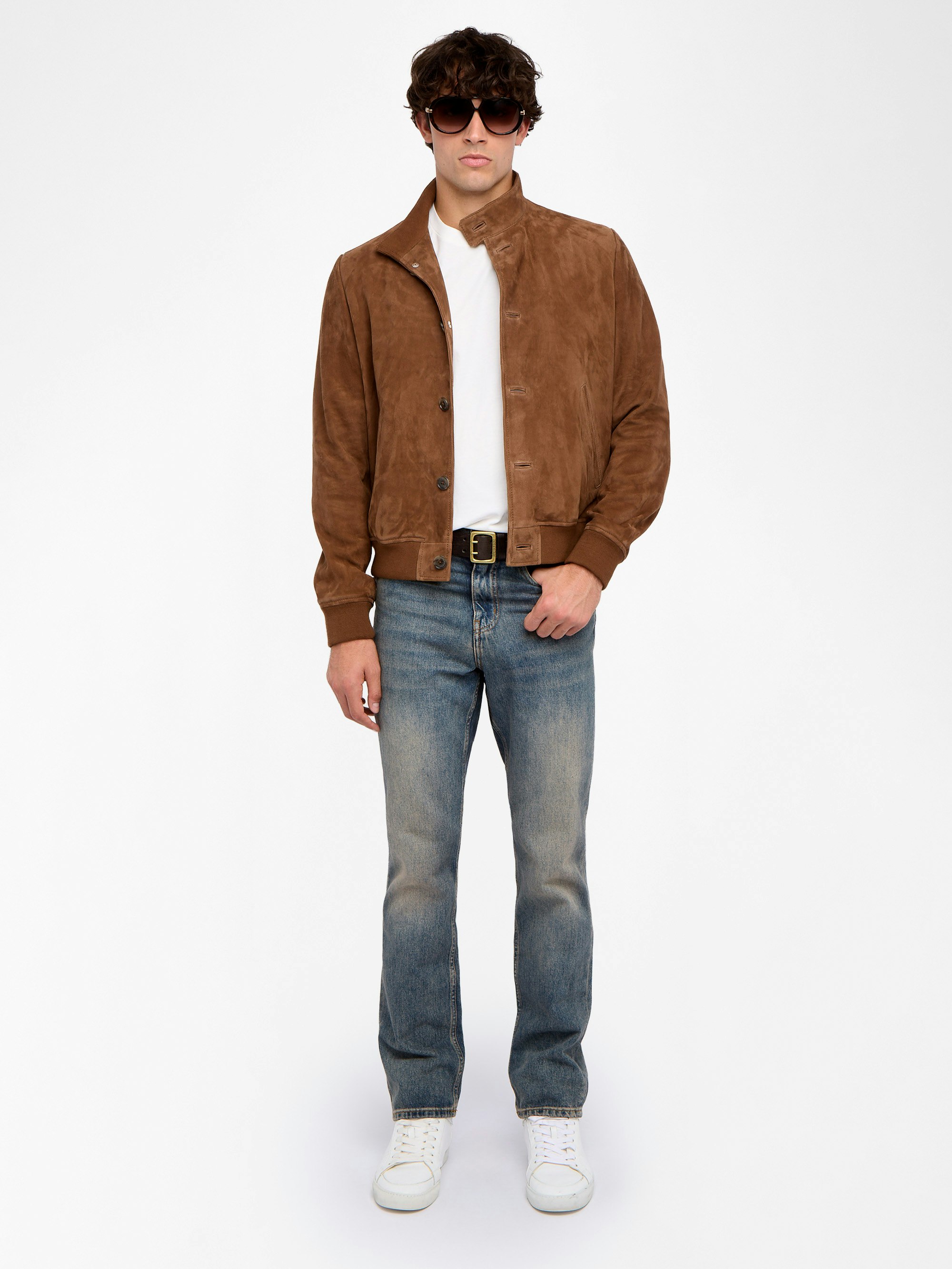 Lonni Suede Leather Jacket - Suede leather jacket with stand-up collar, button fastening and long sleeves.