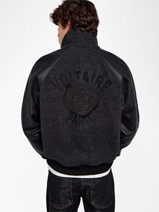 Benjy Jacket - Bomber jacket in bi-material; body in wool and sleeves in slightly grained leather, double piped pocket, ZV chain stitch embroidery on the front and snake flock on the back.