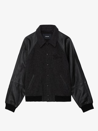 Benjy Jacket - Bomber jacket in bi-material; body in wool and sleeves in slightly grained leather, double piped pocket, ZV chain stitch embroidery on the front and snake flock on the back.