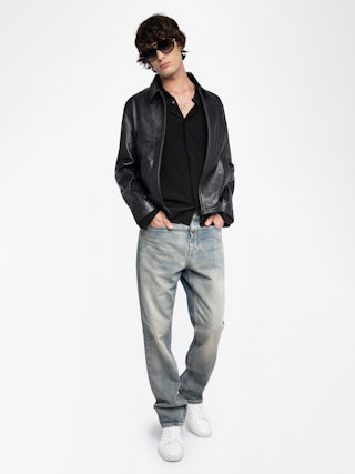Loumy Leather Jacket - Sleek zip-up jacket in smooth leather with piped pockets and embossed wings signature on the back.