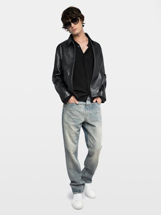 Blouson Loumy Cuir - Blouson zippé épuré en cuir lisse avec poches passepoilées et signature ailes embossées au dos.