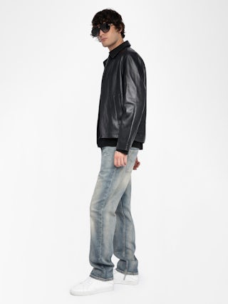 Loumy Leather Jacket - Sleek zip-up jacket in smooth leather with piped pockets and embossed wings signature on the back.