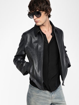 Loumy Leather Jacket - Sleek zip-up jacket in smooth leather with piped pockets and embossed wings signature on the back.
