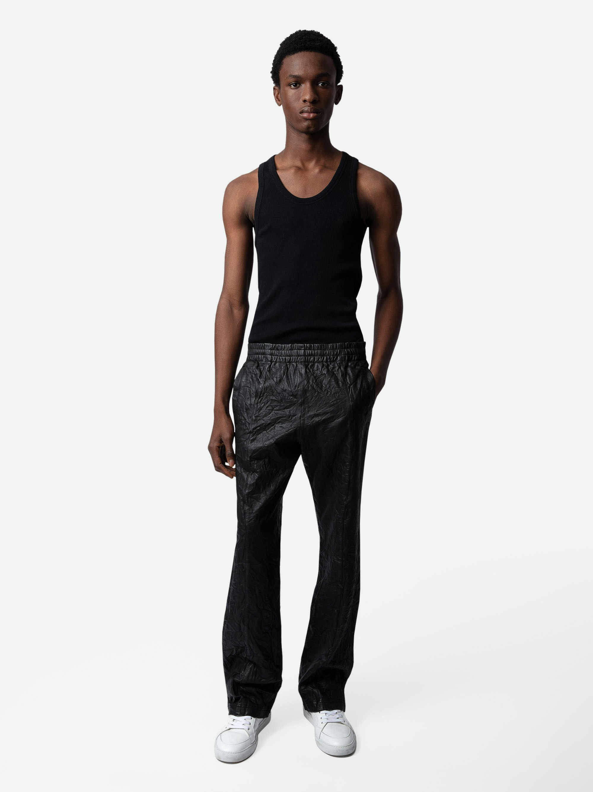 Pacha Crinkled Leather Trousers - Black crinkled leather trousers with elasticated waistband.