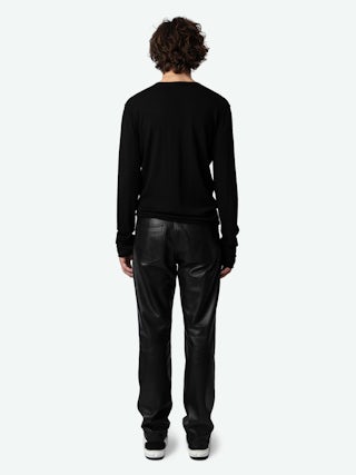 John Leather Trousers - Straight-leg smooth black leather trousers with pockets and topstitching.