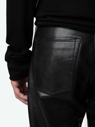 John Leather Trousers - Straight-leg smooth black leather trousers with pockets and topstitching.