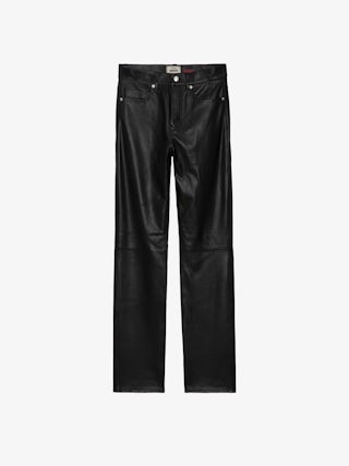 John Leather Trousers - Straight-leg smooth black leather trousers with pockets and topstitching.