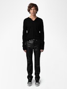 John Leather Pants - Straight-leg smooth black leather pants with pockets and topstitching.