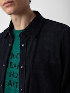 Serge Suede Shirt - Navy blue crinkled suede long-sleeved shirt with button closure.